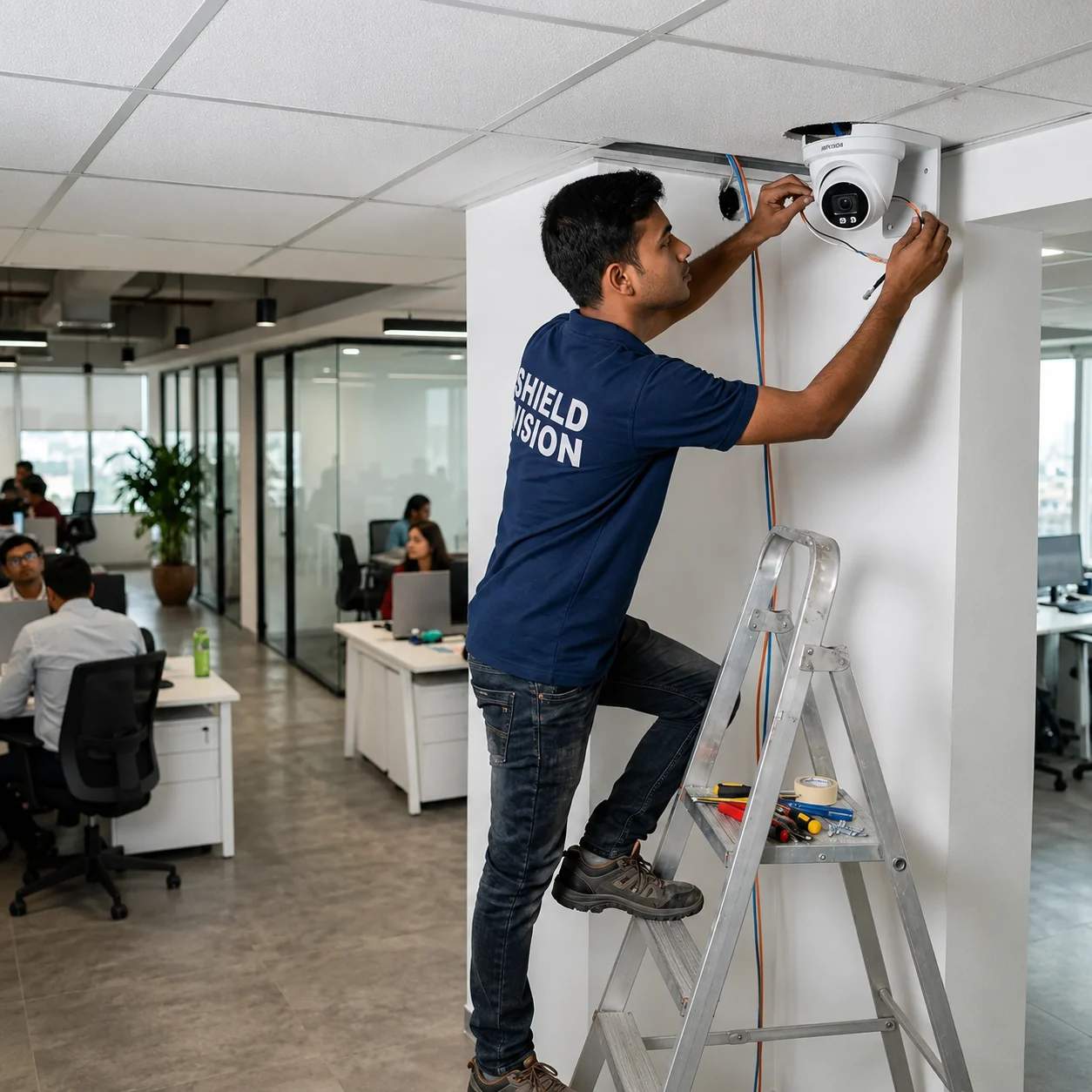 CCTV camera installation — expert technician setting up cameras